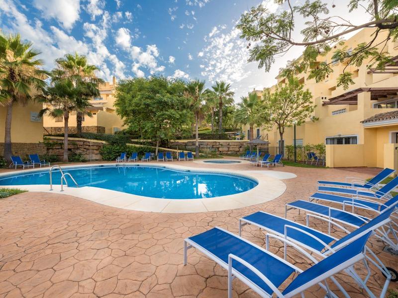 Schwimmbecken mit blauem Wasser, umgeben von blauen Liegestühlen und Palmen unter blauem Himmel.