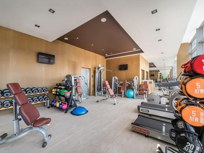 Palestra moderna con varie attrezzature e pesi in uno spazio luminoso.