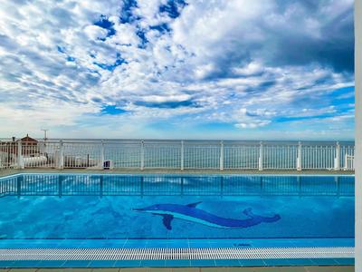 Blauer Pool mit Delfinmosaik vor Meer und bewölktem Himmel, umgeben von weißem Geländer.