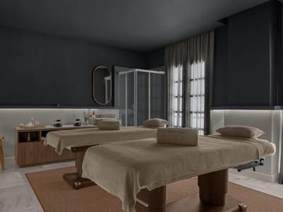 Modern eingerichteter Behandlungsraum mit Massageliege, dunklen Wänden und Tageslicht durch große Fenster.