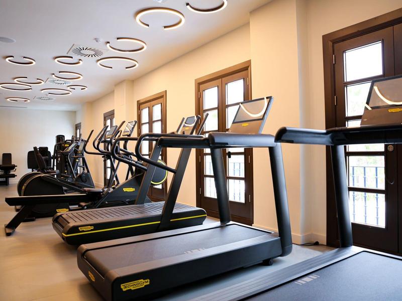 Moderner Fitnessraum mit Laufbändern, Trainingsgeräten und großen Fenstern für Tageslicht.