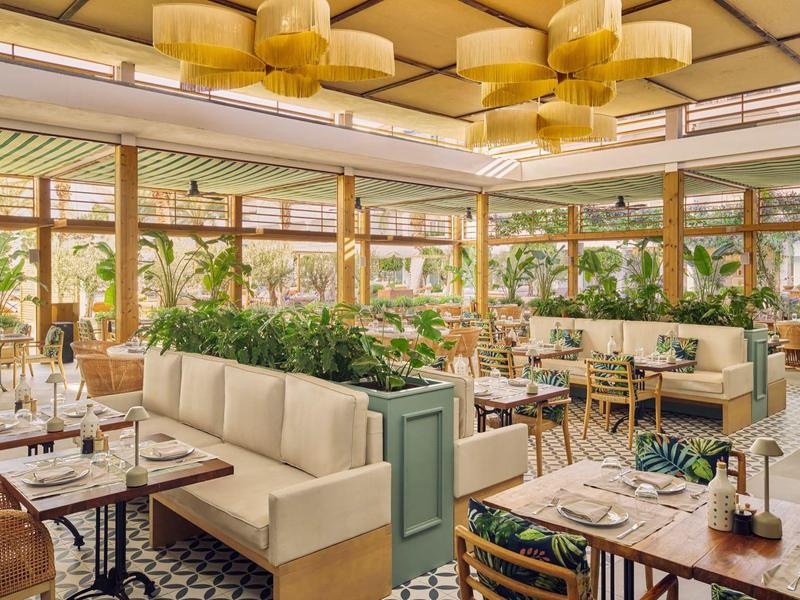 Hell eingerichtetes Restaurant mit vielen Pflanzen, Holzstühlen und beigen Polstersesseln.