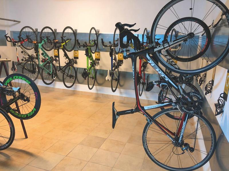 Mehrere Fahrräder sind an einer Wandhalterung in einem hellen Raum aufgehängt.