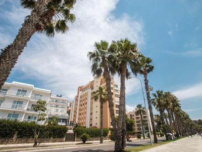 Blick auf hohe Palmen entlang eines Bürgersteigs neben modernen Hotelgebäuden unter blauem Himmel.