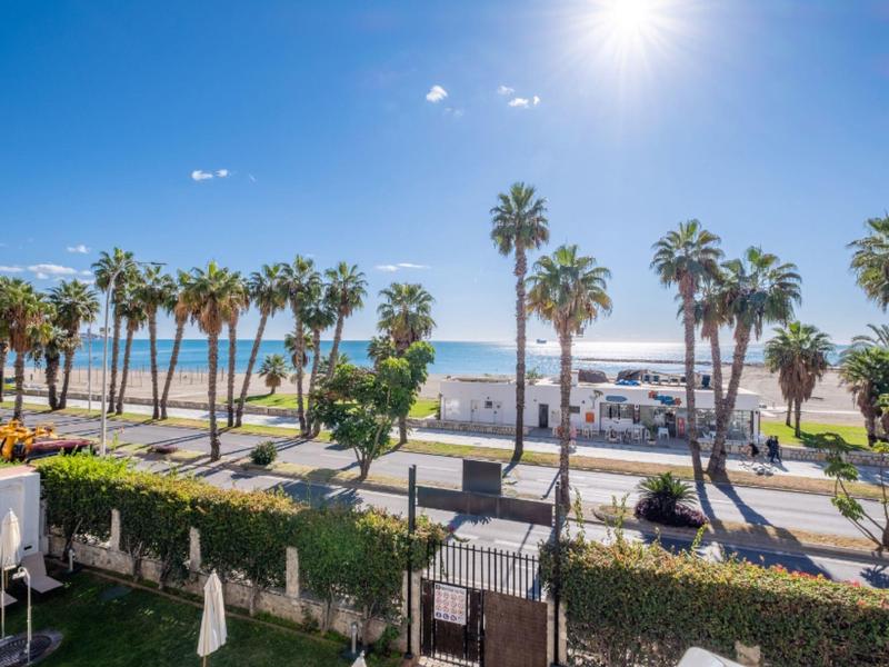Sonniger Strand mit Palmen, blauer Himmel und Meer, Blick über Straße und grüne Vegetation.
