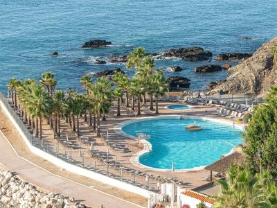 Herzförmiger Pool mit Liegestühlen und Palmen am felsigen Meeresufer bei sonnigem Wetter.