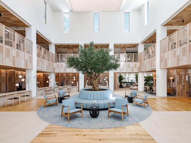 Großer heller Raum mit runden Sitzbänken, mittigem Baum und Holzwänden im modernen Stil.