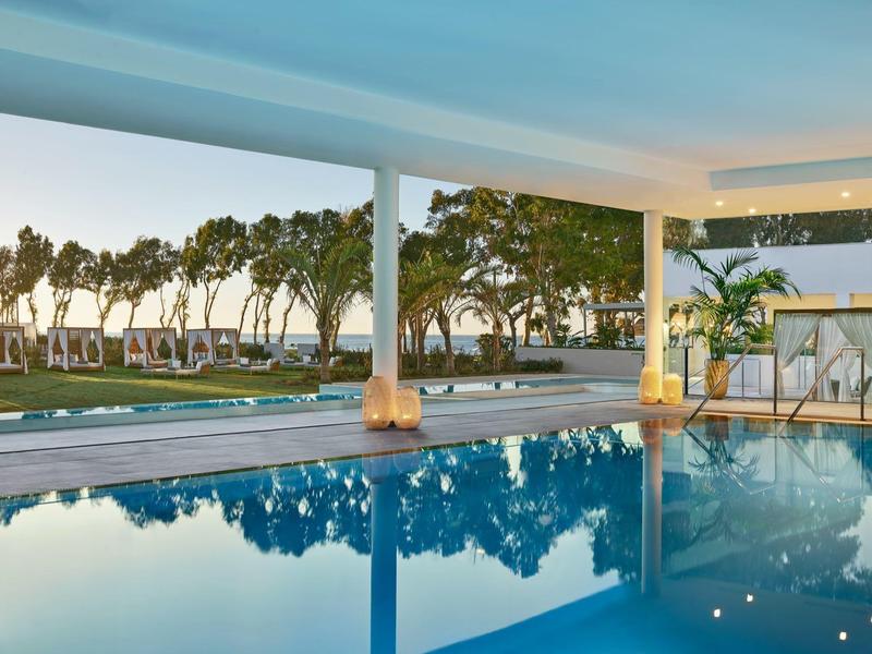 Moderner Außenpool mit klar blauem Wasser und üppiger grüner Vegetation im Hintergrund.