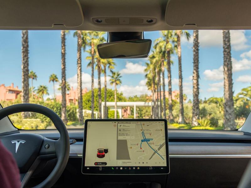 Blick durch die Frontscheibe eines Tesla, Navigation auf dem Display, Palmen und blauer Himmel draußen.