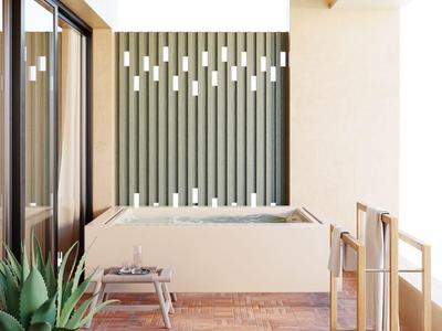 Moderner Außenbereich mit Eckbadewanne, grüner Wandverkleidung und Pflanzen im Topf.