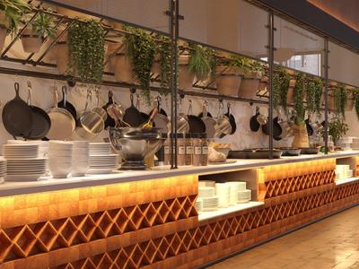 Moderne Restaurantküche mit hängenden Pfannen, Pflanzen und beleuchtetem Tresen aus Holz und Marmor.