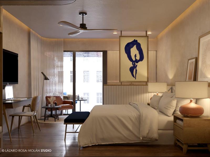 Modernes Schlafzimmer mit großem Fenster, hellen Wänden, Deckenventilator und abstraktem Bild.