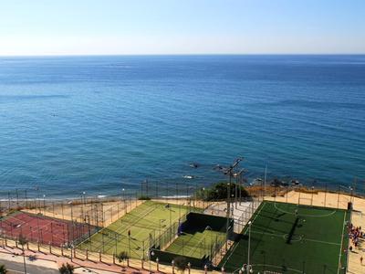 Top view of sports fields with the blue sea in the background