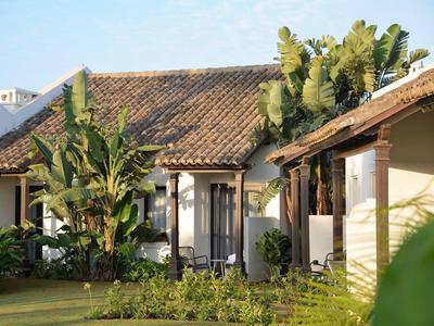 Garten mit grünen Pflanzen vor flachen Gebäuden mit braunen Ziegeldächern unter blauem Himmel.