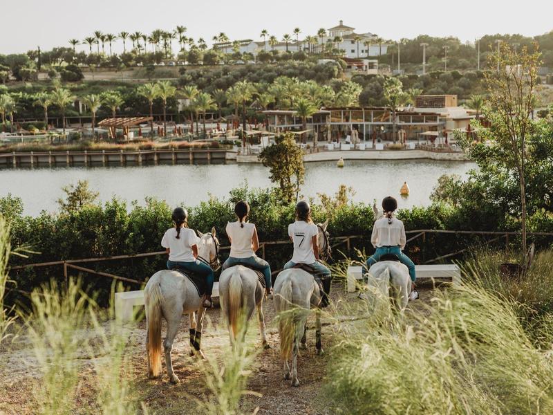 Vier Reiter auf Pferden blicken auf einen See mit Büschen und Häusern im Hintergrund bei Sonnenlicht.