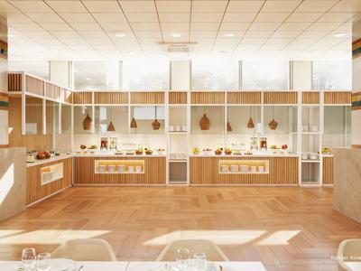 Ristorante d'hotel luminoso e moderno con pavimento in legno, piante e area buffet lungo la parete.