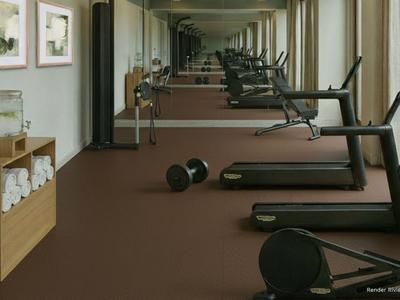 Palestra moderna con tapis roulant, pesi e grandi finestre con vista sulla città.