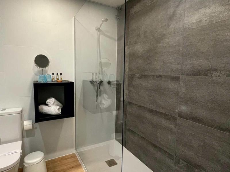 Modernes Badezimmer mit Glas-Duschabtrennung, dunkler Wandfliese und hellen Holzboden.