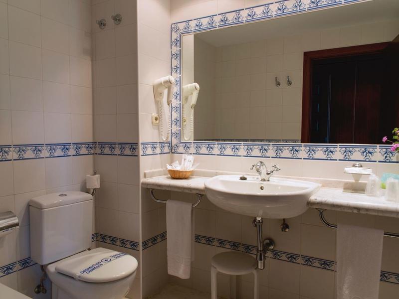 Helles Badezimmer mit weißem Waschbecken, Toilette, großem Spiegel und blau-weißem Fliesenmuster.