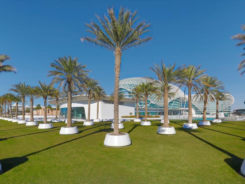 Symmetrische Palmenreihe auf grünem Rasen vor modernem weißen Gebäude unter blauem Himmel.