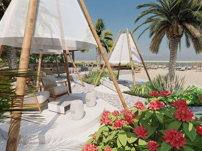 Strand mit weißen Sandsesseln unter hölzernen Sonnensegeln, Palmen und roten Blumen im Vordergrund.