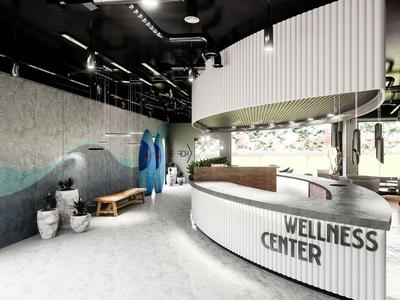 Modernes Wellness Center mit hellem Tresen, grauen Wänden und großen Fenstern für Tageslicht.