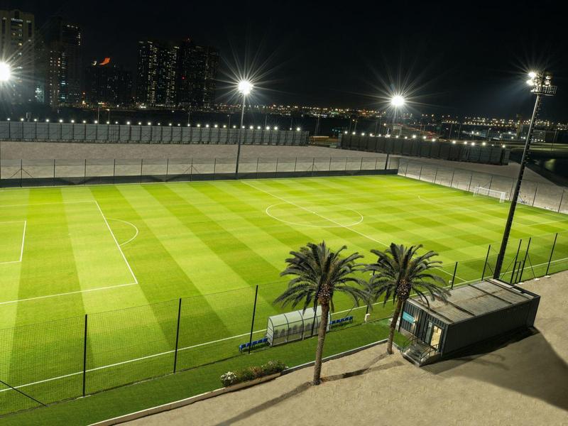 Beleuchteter Fußballplatz mit Rasen und Palmen bei Nacht