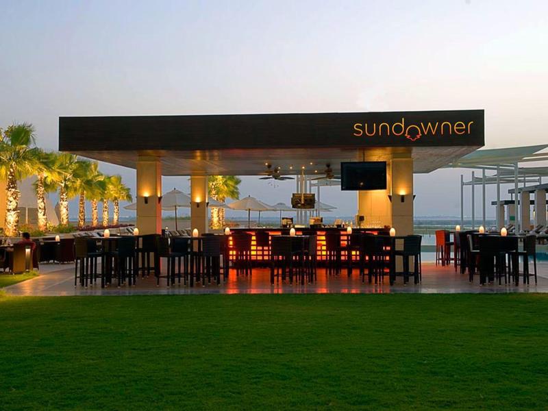 Moderner Außenbereich mit Bar, Sitzgruppen, grüner Rasenfläche und Palmen im Hintergrund.