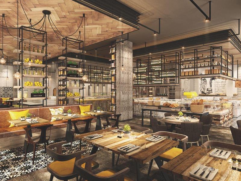 Gezellig modern restaurant met houten tafels, gele stoelen en warme verlichting.