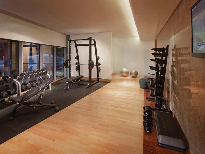 Gimnasio moderno con pesas, equipos de entrenamiento y suelo de madera en un hotel.