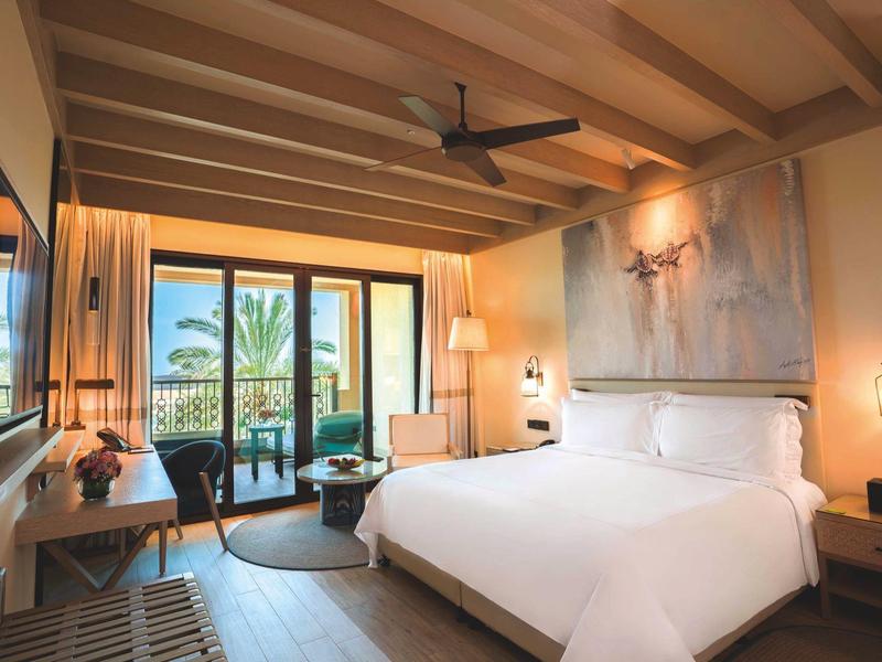 Bright hotel room with double bed, ceiling fan, balcony, and palm view.