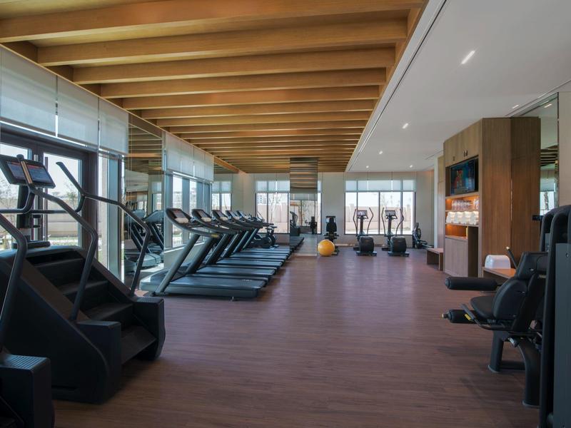 Modern gym with treadmills and exercise bikes in front of large windows with a view.
