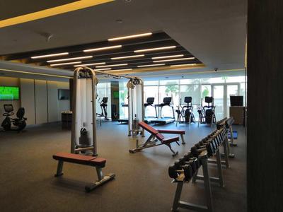 Palestra moderna con attrezzature per esercizi, manubri e macchine cardio in una stanza luminosa.