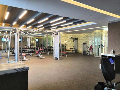 Ampia palestra con varie attrezzature per l'esercizio e sistema di illuminazione moderno.