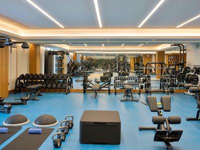 Modernes Fitnessstudio mit blauem Boden, Spiegelwand, Hanteln und Trainingsgeräten in hellem Raum.