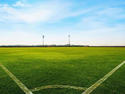 Groen voetbalveld onder blauwe lucht met witte lijnen en floodlights