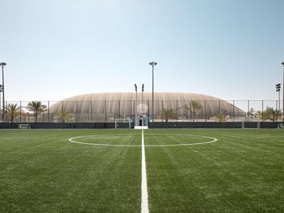 Uitzicht op een voetbalveld met groen kunstgras en een goed onderhouden net op de achtergrond.