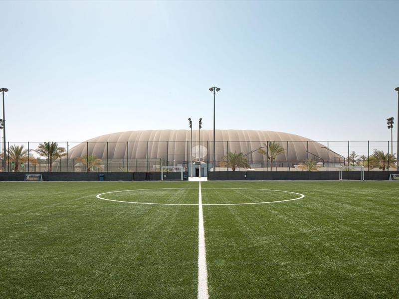 Grünes Fußballfeld mit weißen Linien und Netz umgeben, im Hintergrund blau klarer Himmel.