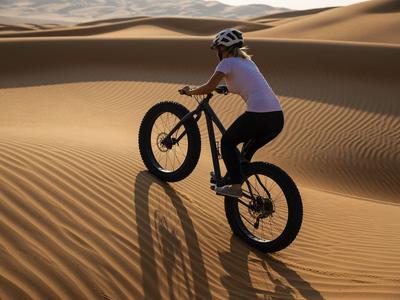 Persona in mountain bike sulle dune di sabbia nel deserto alla luce del sole.