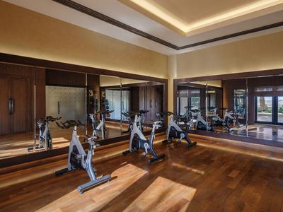 Sala fitness moderna con cyclette, pavimento in legno e grandi specchi in un hotel.