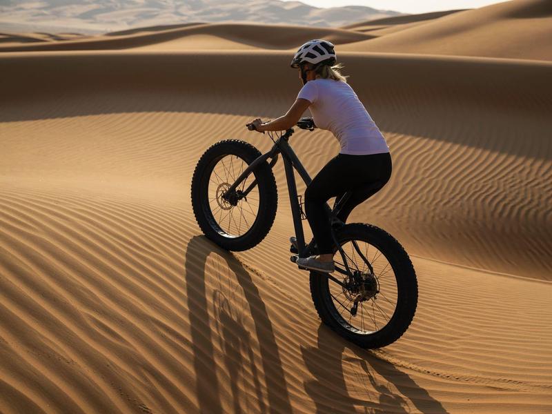 Person riding fat-tire bike on rippled sand dunes in desert under clear sky.