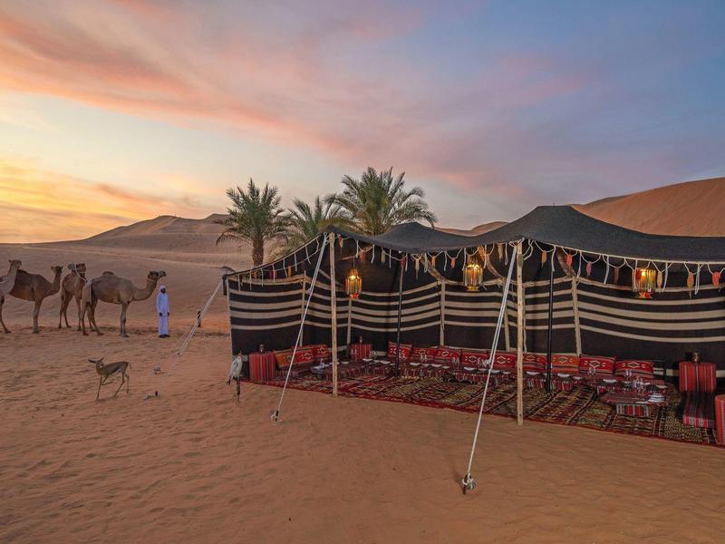 Bedouin tent setup in desert with camels, palm trees, and a dog at sunset.
