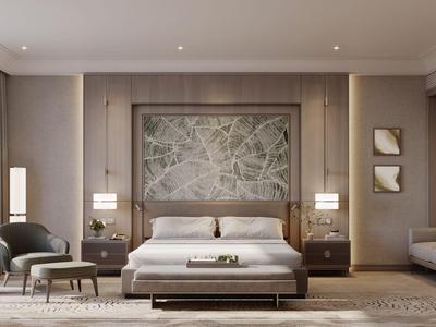 Modernes Hotelzimmer mit großem Bett, Sessel, Kunstwerken und natürlichem Licht.