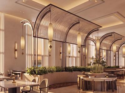 Modernes Hotelrestaurant mit großen Fenstern, gemütlichen Tischen und warmem Licht.