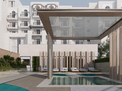 Moderner Außenbereich mit Pool, Sitzgelegenheiten und schattenspendendem Pavillon vor einem Hotelgebäude.