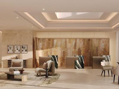 Eleganter Hotel-Loungebereich mit bequemen Sesseln, Tischen und großen Fenstern.