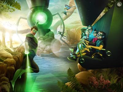 Scena fantastica con una persona e una piccola creatura in un ambiente forestale verde luminoso.