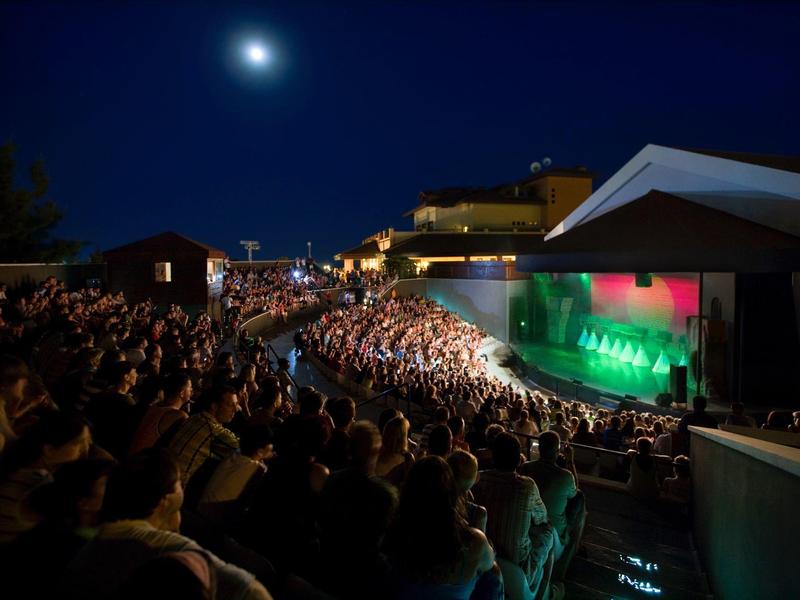 Drukbezochte openluchttheater 's nachts onder heldere maan met publiek dat naar een groen verlicht podium kijkt.