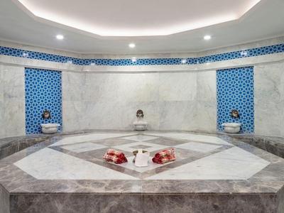 Großer heller Hammam mit Marmorbecken, Wänden und dekorativen blauen Kacheln.