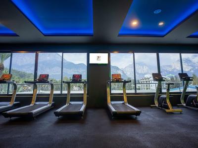 Moderne Fitnessraum mit Laufbändern vor großen Fenstern und Bergblick bei Dämmerung.
